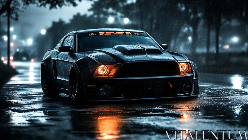 Muscle car parked on wet city street in heavy rain.