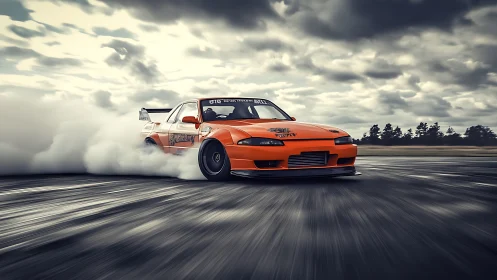 Orange drift comet carving thunderclouds across asphalt skies.