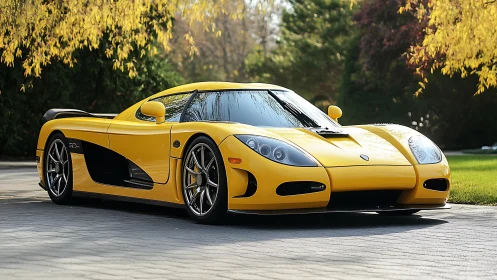 Photorealistic yellow hypercar in landscaped driveway setting.