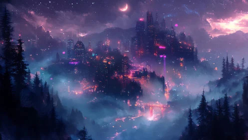 Nocturnal neon megacity in misted conifer valley, crescent sky