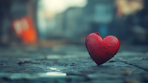 Deep-Red Sculptural Heart Form on Wet Asphalt Surface with Urban Bokeh