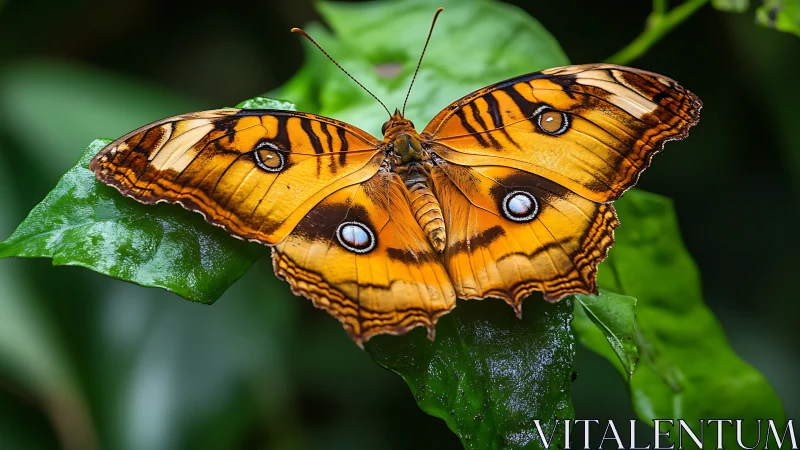 Orange butterfly shows bold eyespots on glossy green leaf.