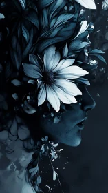 Botanical profile portrait with monochrome floral fusion digital painting.