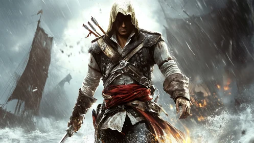 Hooded sea rogue striding through stormlit cannon fire.