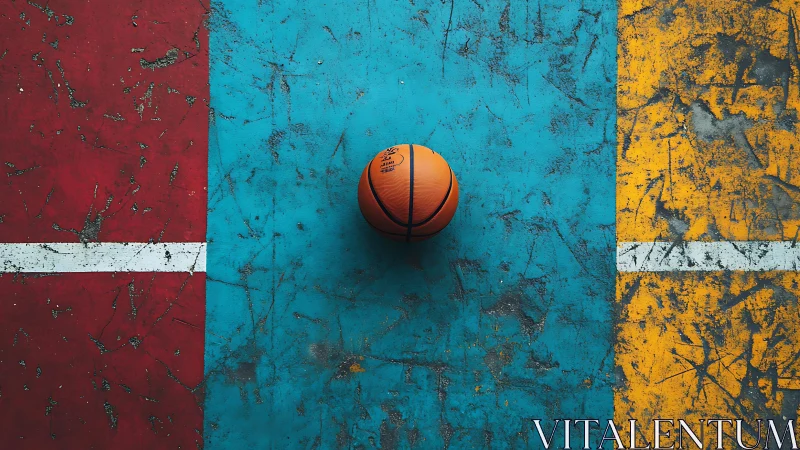Basketball rests on gritty tricolor court in bold contrast