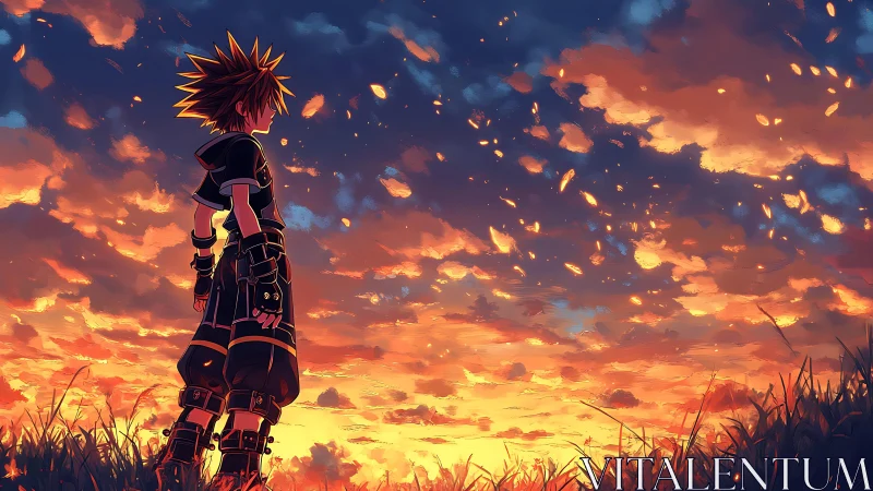 Side-view anime figure stands against dense orange sky at dusk
