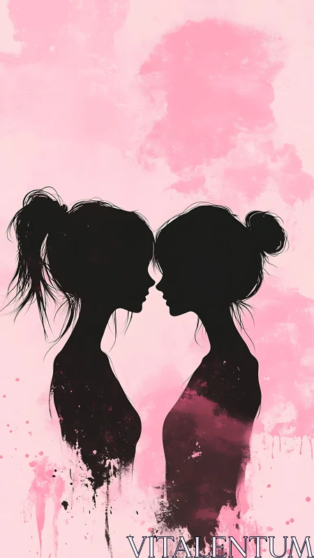 Silhouetted profiles of two figures facing each other against pink watercolor background.