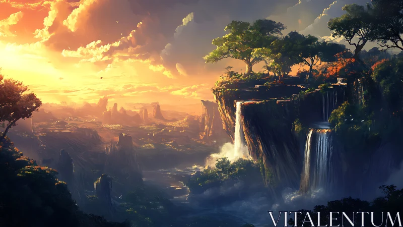 Stratified sunset waterfalls over elevated forest mesa system.