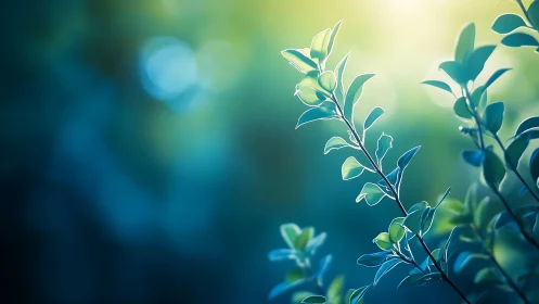 Delicate Branch with Green Leaves in Soft Morning Light, Nature Art.
