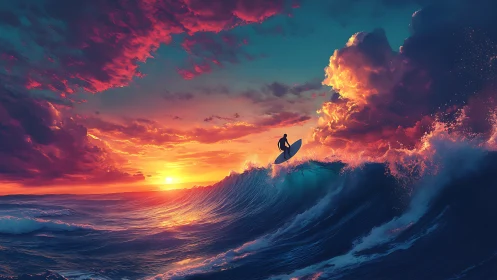 Digital painting of surfer cresting wave under radiant sunset sky.
