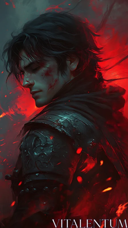 Brooding knight in ember storm with cinematic red glow.