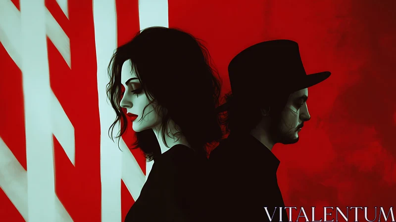 Two stylized profiles stand back to back against red background