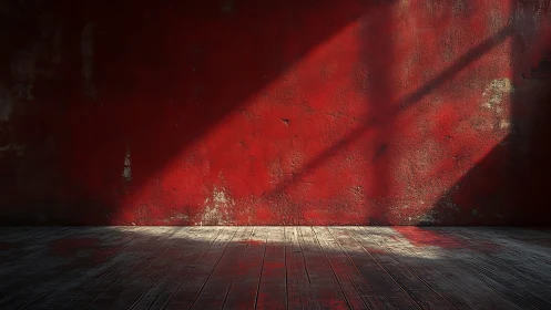 Oblique daylight rakes across distressed red wall and floor