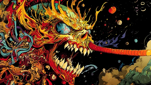 Cosmic inferno skull beast in saturated comic linework composition.