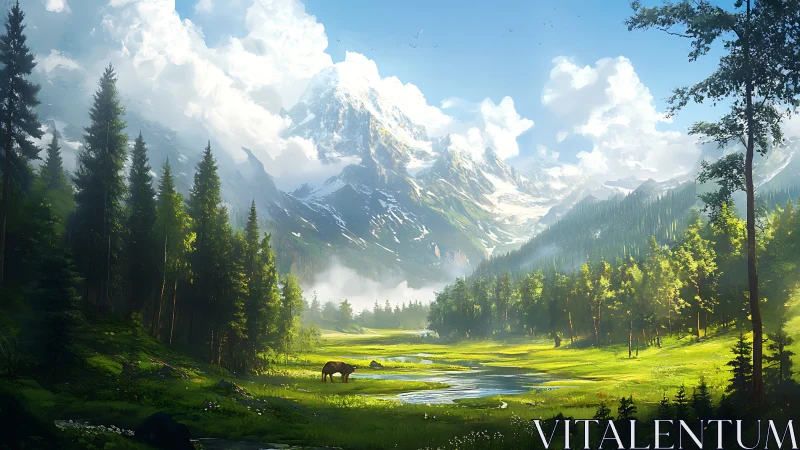 Sunlit alpine valley surrounds grazing deer beneath peaks