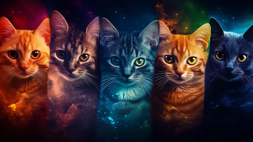 Five Cosmic Felines: Neon Eyes Gazing Through Stardust.