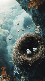 Cliffside avian nestscape with depth-rich atmospheric rendering.