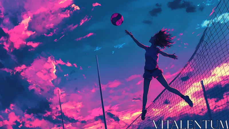 Skyline spike under neon sunset clouds in electric motion.