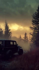 Off-road jeep waits in a misty forest at stormy sunrise