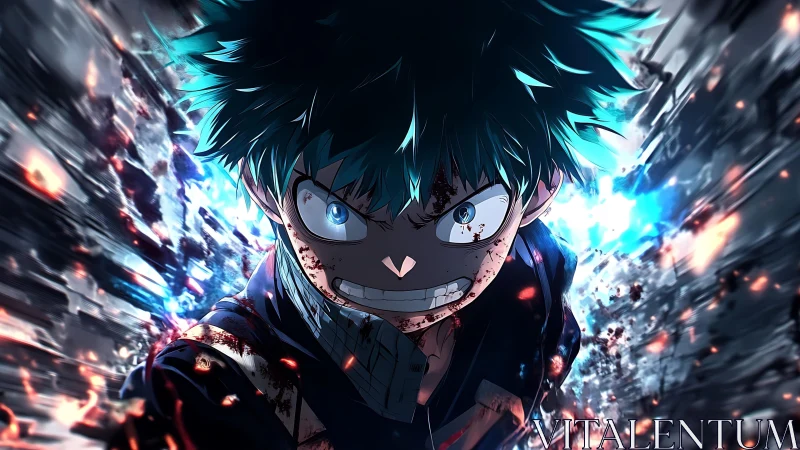 Battle-scorched hero hurtles forward through crackling light