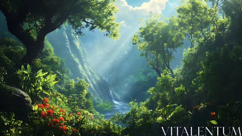 Hidden Canyon Valley with River and Luminous Forest Canopy.