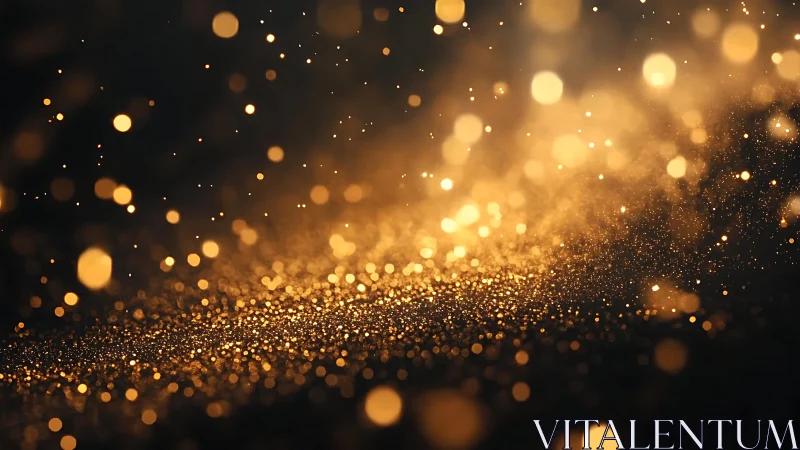 Abstract golden glitter particles swirling in dramatic light effect.