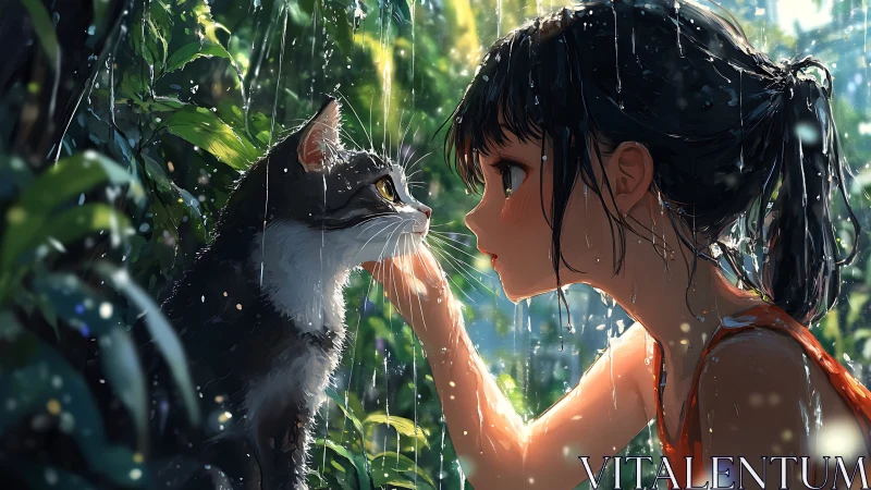 Girl studies wet cat under rainfall in dense green foliage