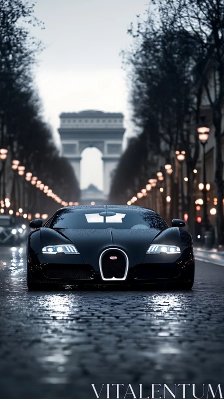 Black supercar on wet Parisian avenue at dusk.