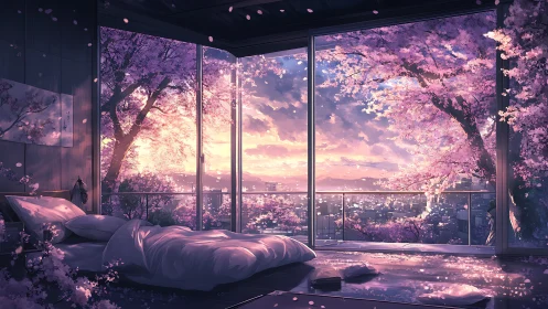 Sunlit bedroom overlooks cherry blossoms above quiet city