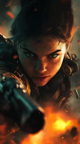 Battle-hardened heroine charging through explosive chaos.