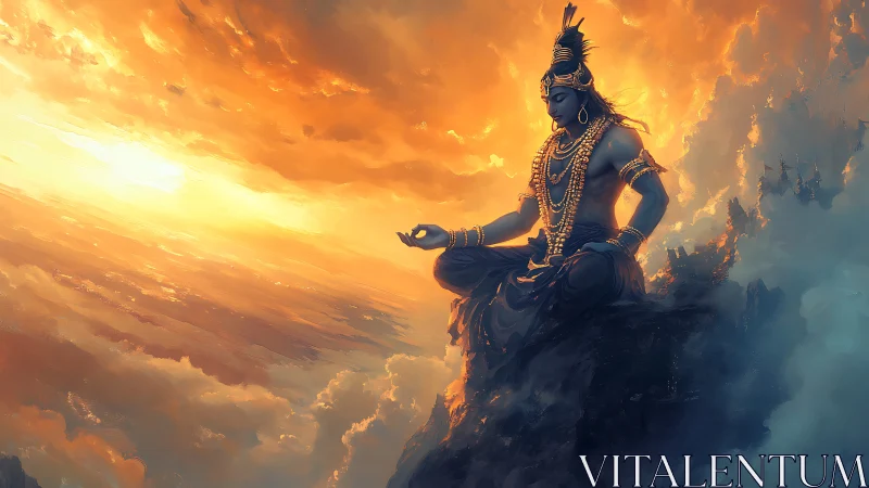 Celestial blue deity in atmospheric volumetric sunset meditation.