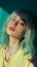 Cyan haired portrait under hard light renders glossy skin
