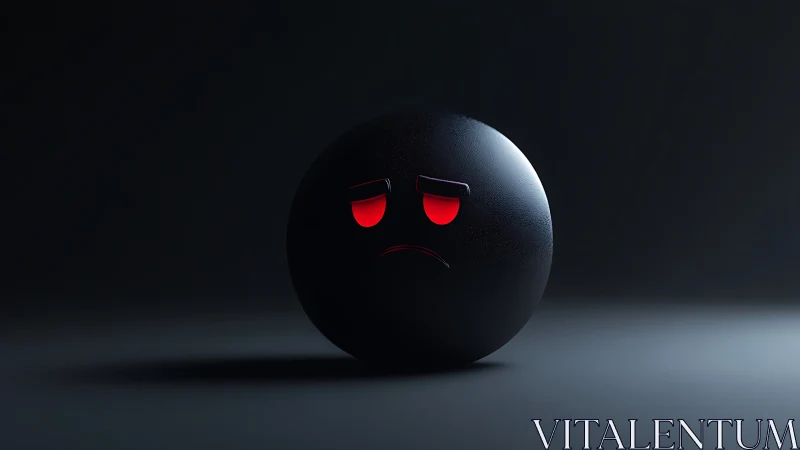 Matte black 3D emoticon sphere with red emissive sad expression