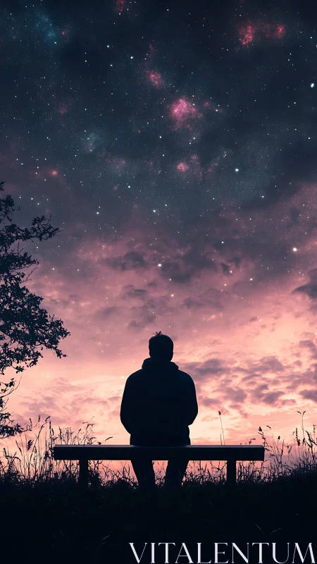Silhouette on bench observes star field under dusk sky