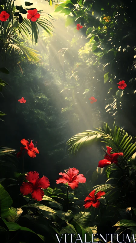 Backlit hibiscus blooms in dense rainforest canopy light shafts