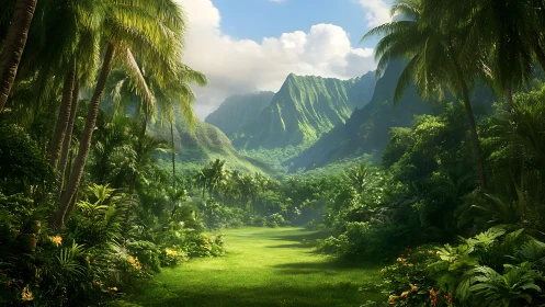 Lush tropical valley opens toward sunlit emerald mountains