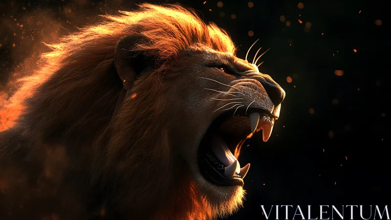 Photorealistic roaring lion profile with ember backlighting