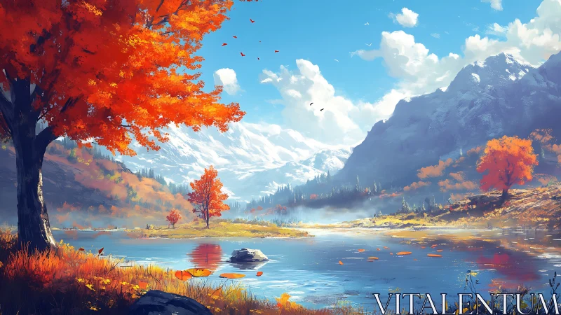 Golden autumn lake beneath bright snowy mountain peaks.