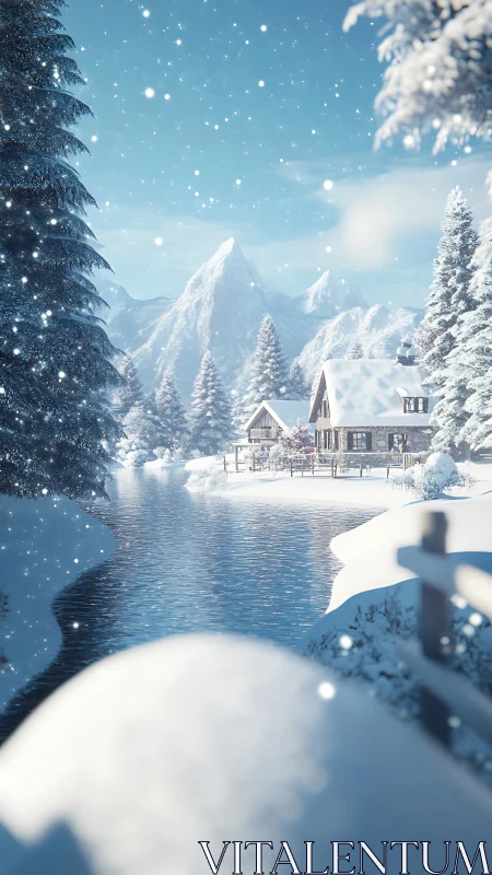 Riverside alpine winter cabin under fresh snowfall at dawn