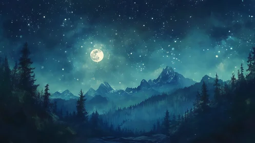 Moonlit mountain forest glows under dense starry night sky