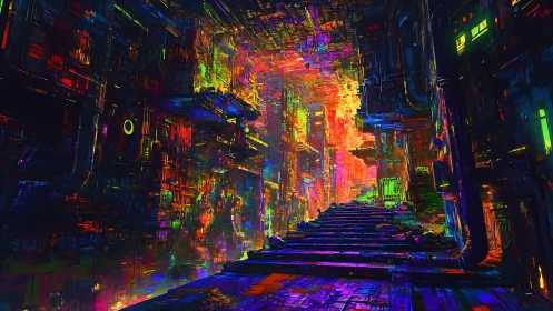 Neon data corridor ascends through a glitching cyber maze.