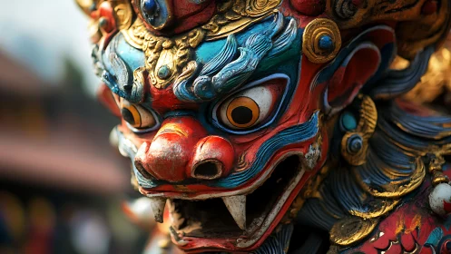 Polychrome guardian lion mask captured with shallow depth of field