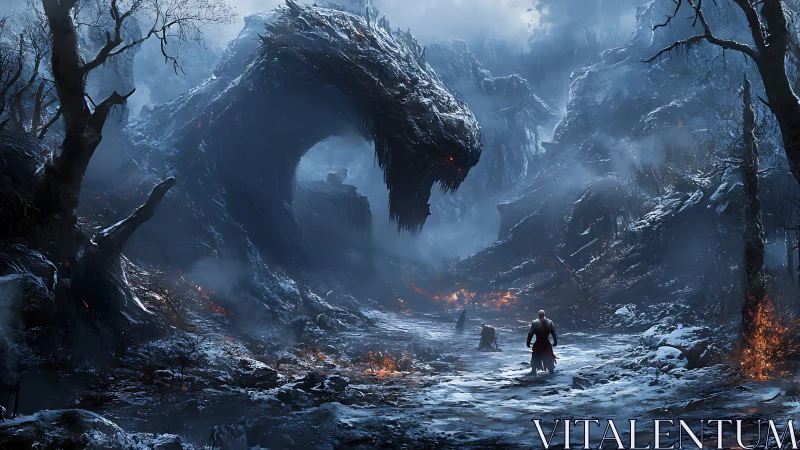 Colossal ice-serpent emerges in volcanic ravine confronting lone warrior