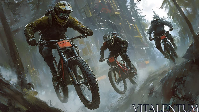 Three downhill cyclists on wet forest trail in motion.