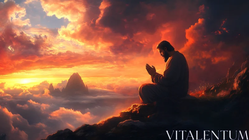 Praying figure above clouds under blazing sunset sky.