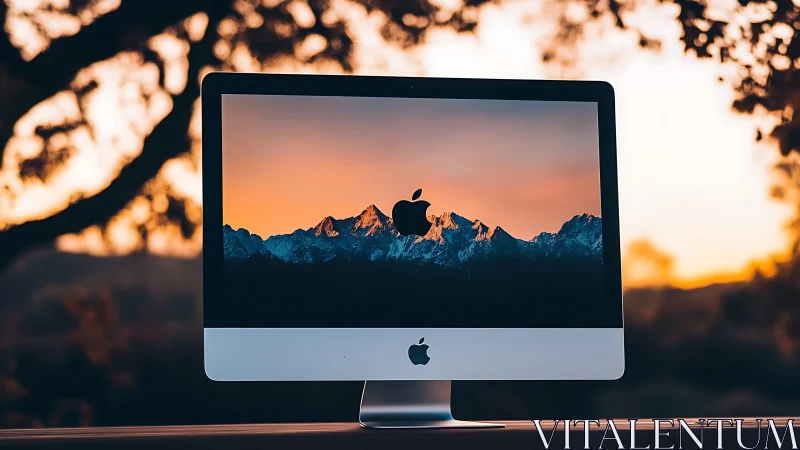 Desktop computer with sunset mountain wallpaper outdoors.