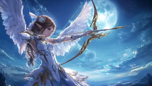 Moonlit angel archer draws a luminous bow in flight.