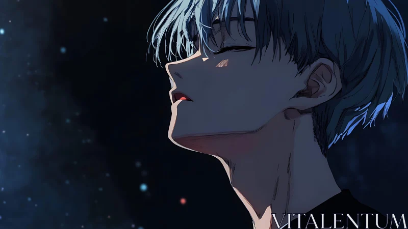 Pale haired youth exhales softly under deep night sky