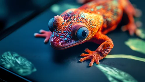 Vibrant macro gecko rendered with neon bokeh highlights.