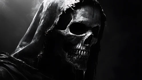Grinning Reaper in ragged shadow, gleaming like cold iron.